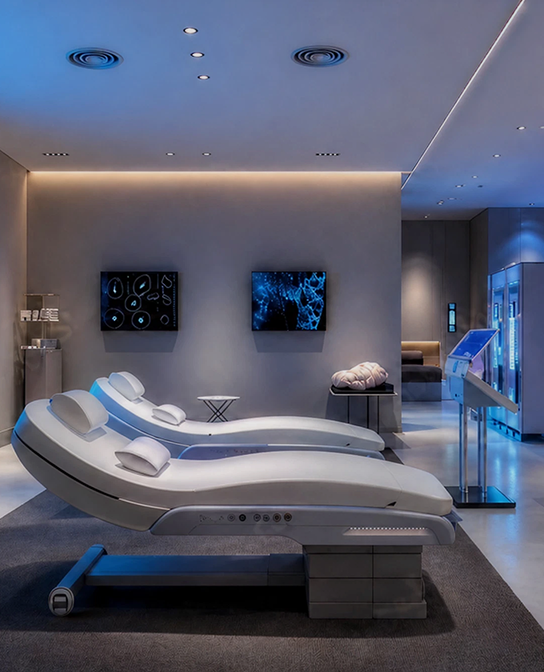 Modern spa lounge with reclining chairs and ambient lighting.