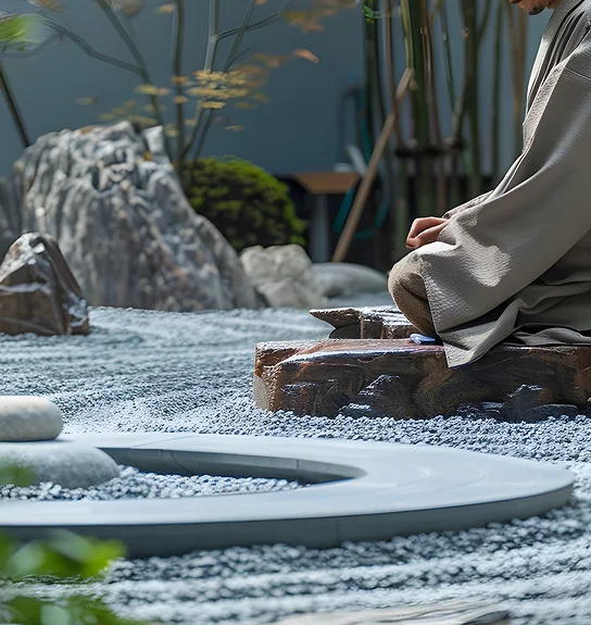 Person meditating near a serene Japanese rock garden.