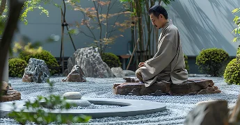 A man meditates in a serene Japanese rock garden.