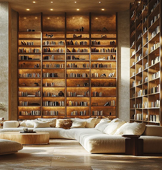 Cozy modern living room with tall wooden bookshelves and plush seating.