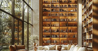 Cozy reading nook with tall wooden bookshelves and large windows.