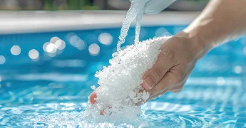 Hands holding and pouring ice into a swimming pool.