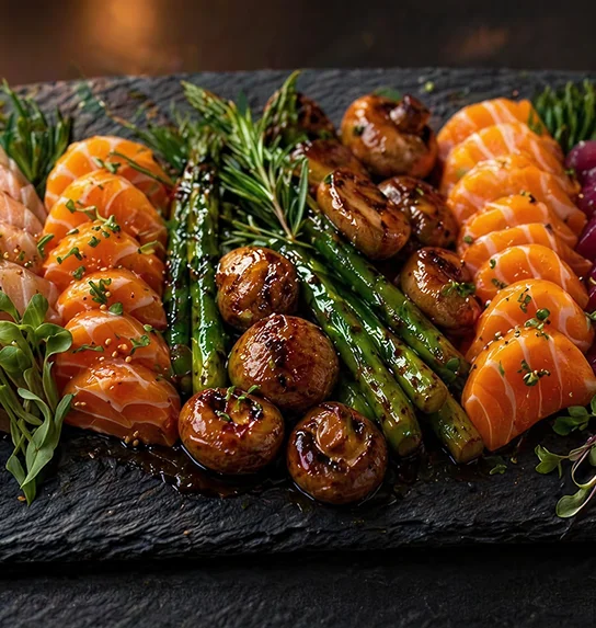 Grilled salmon, asparagus, and mushrooms served on a slate platter.