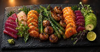 Grilled asparagus, mushrooms, and glazed salmon slices on a slate platter.