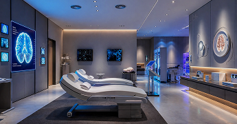 Luxurious spa room with modern loungers and ambient lighting.