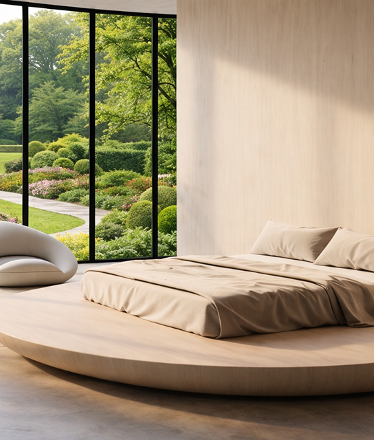 Minimalist bedroom with a low platform bed and large windows overlooking a green garden.