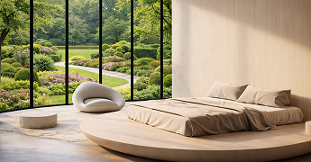 Modern round bed in a serene room with garden views.