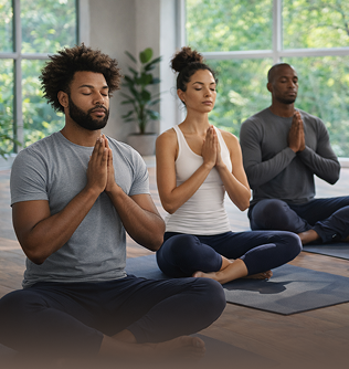 Three people meditating cross-legged indoors, eyes closed, hands in prayer pose.