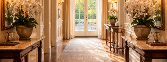 Sunlit hallway with French doors and elegant decor.