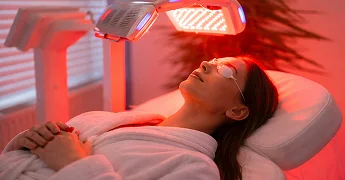A woman relaxing under a red light therapy lamp.