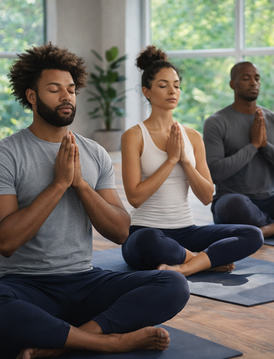 Three people meditating with eyes closed in a serene indoor setting.