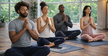 Group meditating indoors on yoga mats in a peaceful setting.