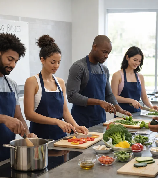 Four adults cooking together in a bright kitchen, chopping vegetables and preparing meals.