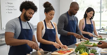 Three people chopping vegetables together in a kitchen.